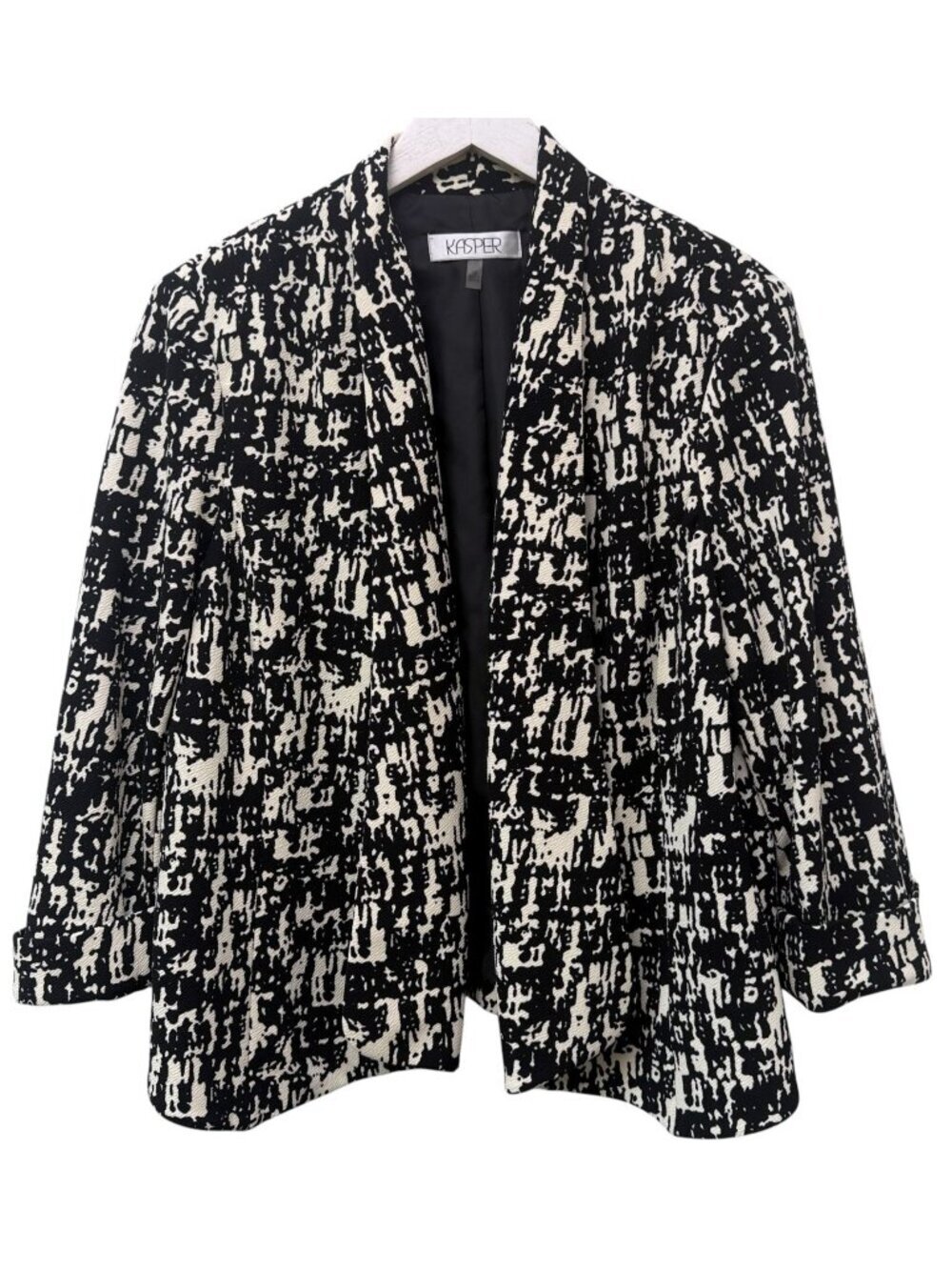 Kasper Womens Blazer Size 18 Black Cream Abstract Open Front Stretch Jacket